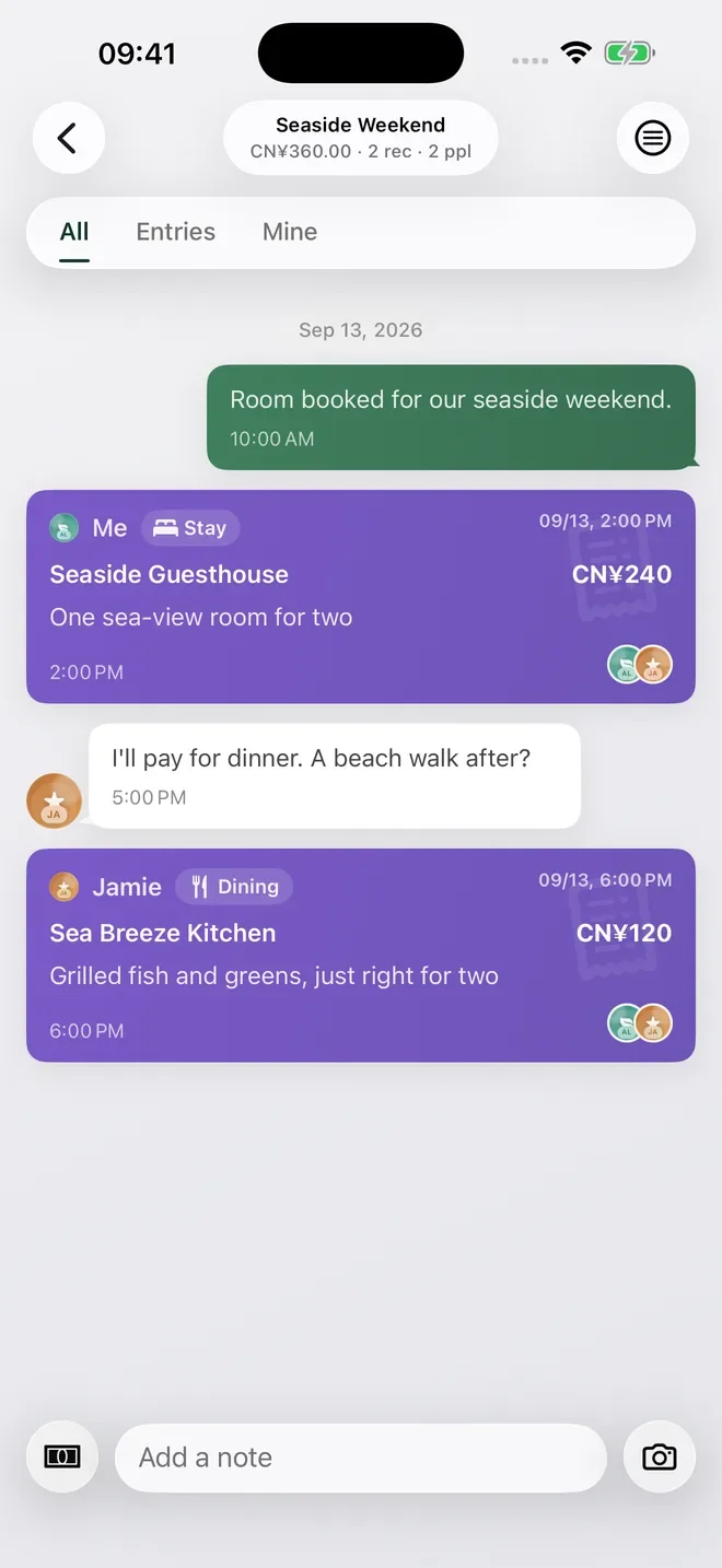 Real CoolMeow app screen with demo data: a shared seaside weekend ledger with accommodation, dinner and notes from two members.