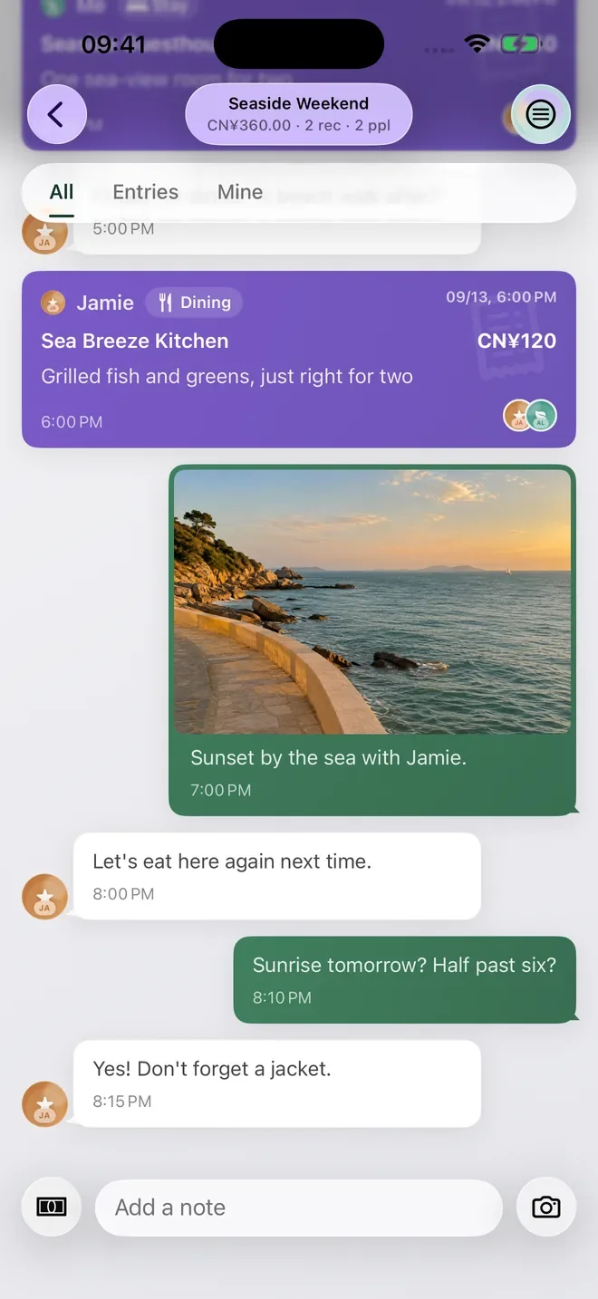 Real CoolMeow app screen showing seaside photos and notes saved in the shared ledger.